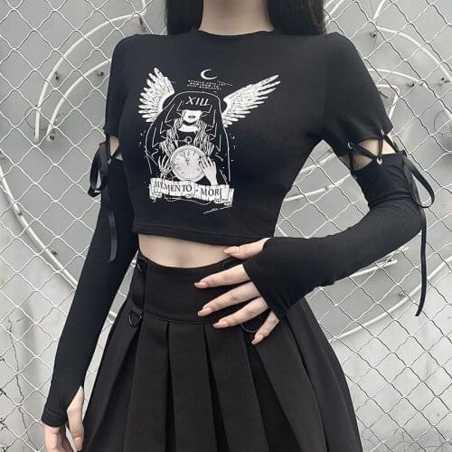 Women’s Vintage Anime Print T-shirts Fashion Tie-up Stitching Long Sleeve Exposed Navel Tops Streetwear Ladies Girls Casual Tees