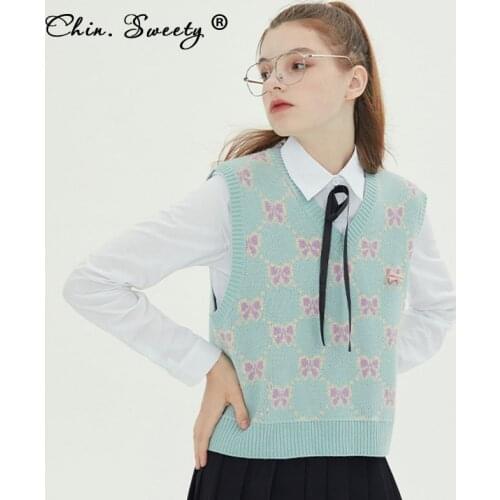 Knitted Womens V-neck Cropped Sweater Vest 2021 Autumn Sleeveless Bow Print Panelled Basic Tanks Ladies Sweet Office Knitwears