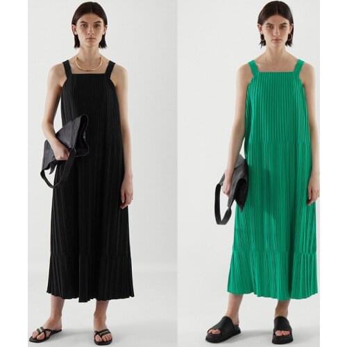 Donsignet 2021 Summer New Spaghetti Strap Solid Folds Long Cotton Loose Dress Fashion Temperament Casual Dress for Women