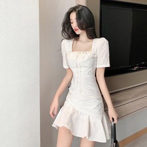 2021 fashion Women Summer dress robes white new show thin square collar fold Waist slimmer puff sleeve ruffled Dresses