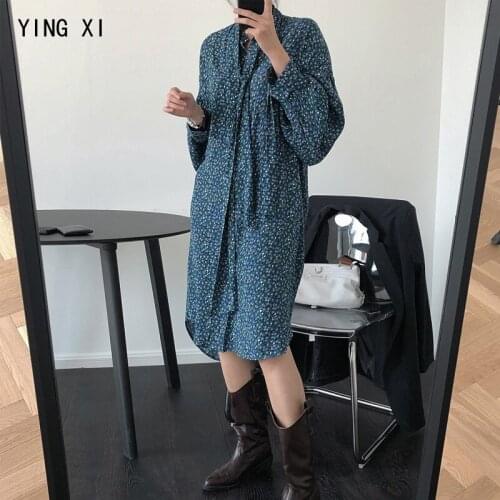 YING XI 2020 Spring And Summer Loose Long Seleve Turn-down Collar Little Floral Front Opening A-line Women Dress
