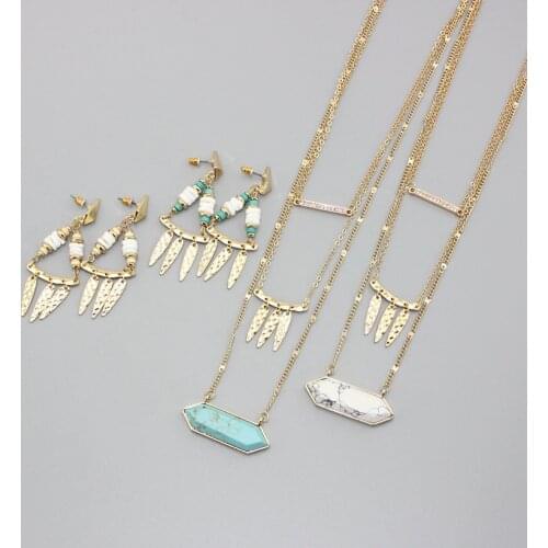 2016 new crystal jewelry multillayer geometric white green stone long necklace women Shell beads bar leaf drop Earrings