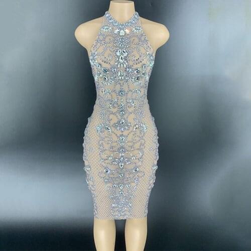 Sparkly Rhinestones See Through Sleeveless Short Dress Women Birthday Celebrate Crystal Party Dress Evening Prom Outfit Bar Wear