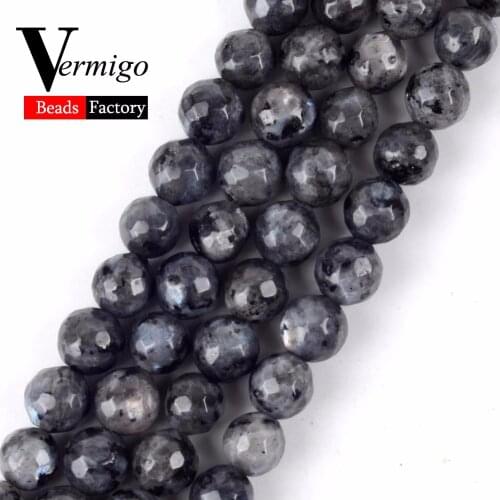 Wholesale Faceted Black larvikite Labradorite Beads Natural Stone Beads For Jewelry Making 4-12mm Diy Bracelet Necklace 15"