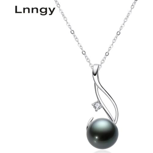 Lnngy 925 Sterling Silver Link Chain Necklace 9.5-10mm Tahitian Spiral Black Pearl Pendant Necklace for Women Elegant Gifts