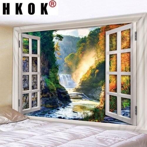 HKOK Valley Waterfall Landscape Digital Printed Tapestry Wall Hanging Wall Covering Rugs Background Cloth Beach Mat Blanket Deco
