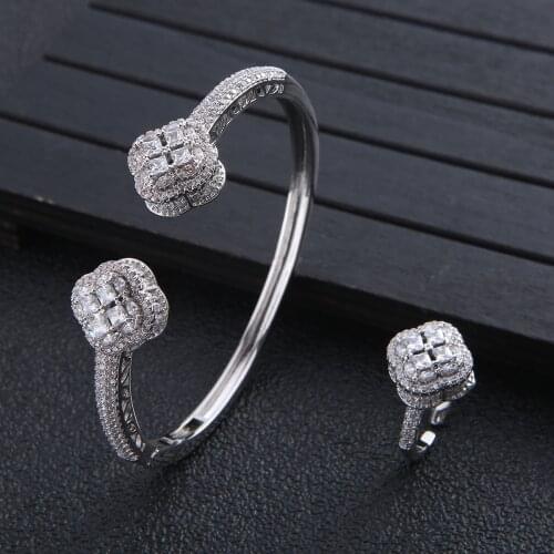HIBRIDE Trendy Geometric Design Bangle Ring Sets for Women Bridal Wedding Party Jewelry Gifts Open Size Ring Fashion N-1871