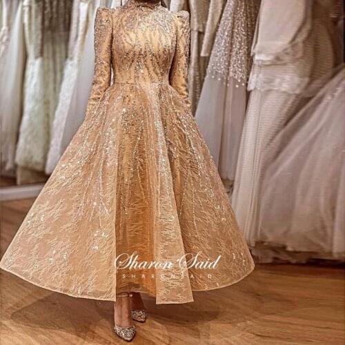 Arabic Gold Long Sleeve Muslim Evening Dress 2021 Luxury Bead Dubai Midi Formal Dress for Women Wedding Party Gowns Ankle Length