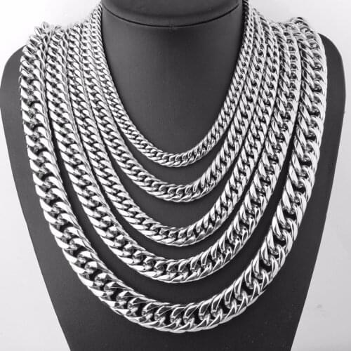 Tisnium 9/11/13/16/20mm High Class Silver Color Stainless Steel Fashion Cut Cuban Link Miami' Chain Mens Necklace 18-40inch