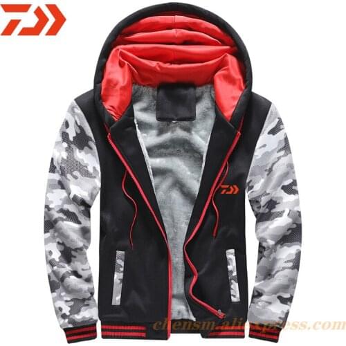 Dawa Mens Sweater Hooded Zipper Autumn and Winter Fishing Jacket Mens Camouflage Mens Sports Plus Velvet Thickening Coat