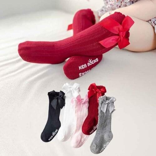 1Pair Spring New Breathable Cotton Big Bowknot Long Tube Socks Pure Color Non-slip Baby Socks Leg Warmers