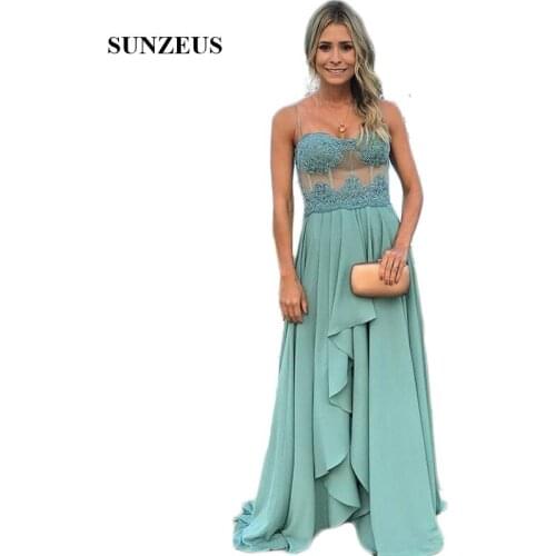 Spaghetti Straps A-Line Bridesmaid Dresses Chiffon Sheer Waist Tulle Appliques Ruffles Maid of Honor Dresses vestido gasa SBD177