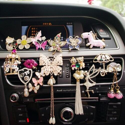 Cute cartoon ballet girl diamond flower car perfume clip air conditioner vent deodorant aromatherapy car pearl jewelry for women
