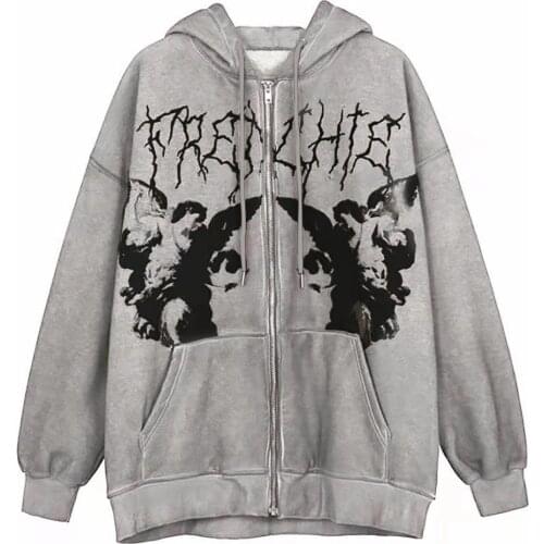 Womens Zip Up Hoodie Angel Print Long Sleeve Stylish Cardigan with Pockets Autumn Ladies Loose Casual Hooded Sweatshirt