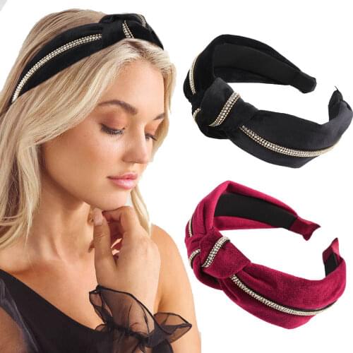 Haimeikang Velvet Solid Color Hairband Knotted Wide Headbands Bezel Headwear Women Fashion Rhinestone Hair Hoop Hair Accessories
