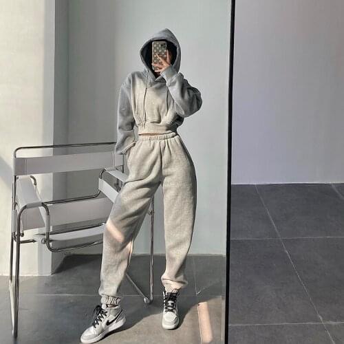 2021 Loose Short Sportswear Sweatershirt+casual Wide-leg Trousers Plus Velvet Thickening Two-piece Suit Women