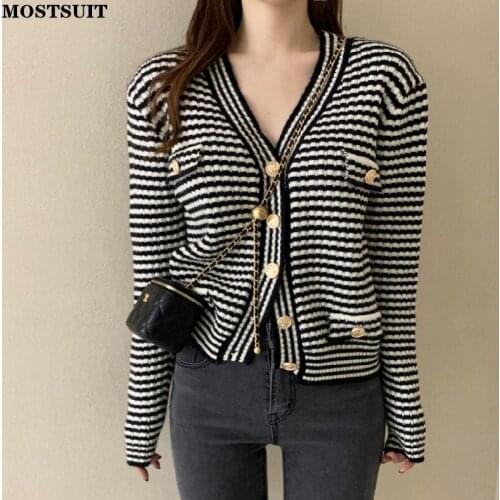 Elegant Chic Striped Knitted Cardigan Sweater Women Full Sleeve V-neck Single-breasted Jumpers Vintage Stylish Ladies Tops Coats