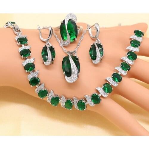 Green Imitated Emeral Crystal White Zirconia Silver color Bridal Jewelry Sets For Women Necklace Pendant Earrings Rings Bracelet