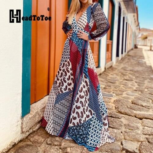 Colorblock Multi Print Bohemian Elegant Maxi Dress Women Sexy Backless V Neck Long Sleeve Floor Length Dresses