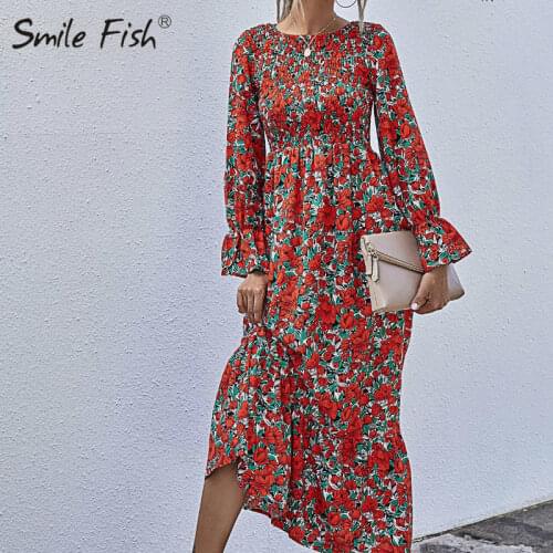 Women Ruffles Long Sleeve 2021 Spring Beach Outwear Elegant Loose A-Line Boho Floral Print Maxi Long Dress Autumn Dresses G2225