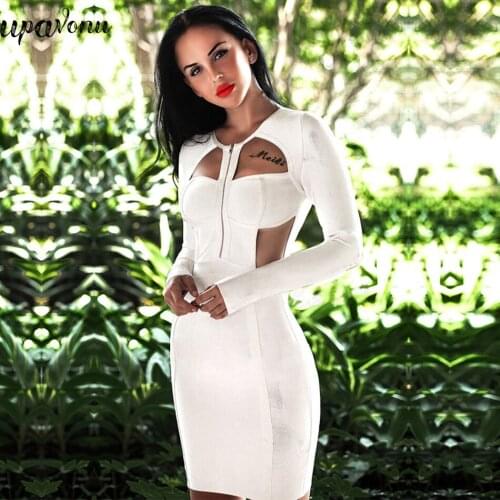 Free Shipping 2021 Summer Bandage Dress Women Sexy O-neck Long Sleeve Bodycon Cutout Dresses Celebrity Club Night Party Vestidos