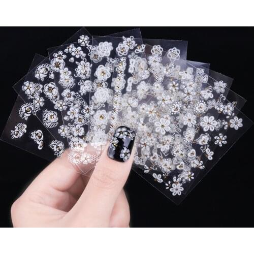 3D Carved Nail Stickers White Lace Floral Nail Decor Self-adhesive Nail Sticker Tips Nail DIY Decoration Sticker Decal