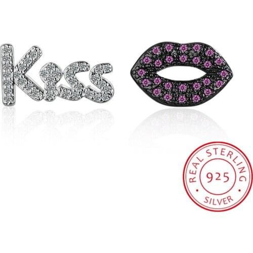 925 Sterling Silver Asymmetric CZ Zircon Letters Lips Stud Earrings pendientes boucles d'oreilles pour les femmes