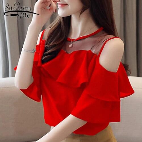 2021 Fashion Short Sleeve White Blouse Summer Women Blouses Chiffon Shirt Off Shoulder Womens Tops and Blouses Female 4206 50