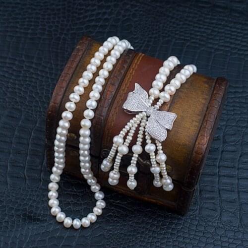 Long Natural Pearl Necklace With Tassel Pendant 100% Genuine Pearl Sweater Pearl Necklaces Butterfly Pendant Jewelry Lady Gifts