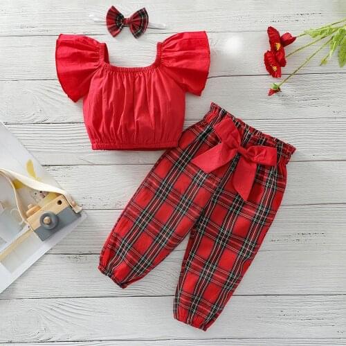 FOCUSNORM 3pcs Infant Baby Girls Xmas Clothes Sets 0-24M Short Sleeve Off Shoulder Solid Tops Plaid Printed Pants Headband