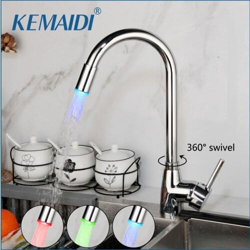 KEMAIDI LED Swivel Kitchen Faucet 360 Degrees Chrome Brass Kitchen Mixer Basin Sink Faucet Stainless Steel Water Mixer Tap