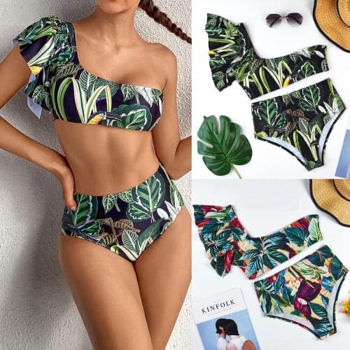 Sagace one shoulder womens fashion sexy leaf print Ruffle high waist split Swimsuit Bikini bikinis 2021 mujer