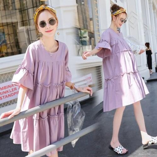 Summer Maternity Solid color 100% Cotton Dresses Expectant Mother Round neck Dress Pregnant Women Loose Dress Pregnancy Clothes