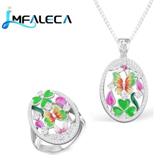 LMFALECA Authentic Silver Necklace Ring Set for Women Enamel Butterfly Flowers 925 Sterling Silver Pendant Fine Wedding Jewelry