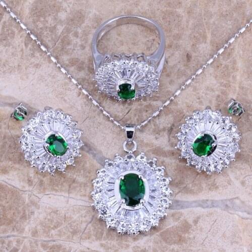 Green Cubic Zirconia White CZ Silver Plated Jewelry Sets Earrings Pendant Ring Size 6 / 7 / 8 / 9 / 10 S0105