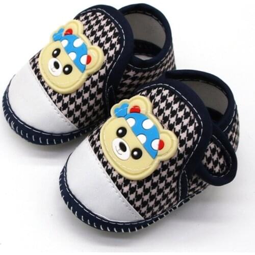 Bear Head Houndstooth Newborn Baby Boy Cotton Shoes Soft Sole Anti-Slip Footwear Crib Shoes