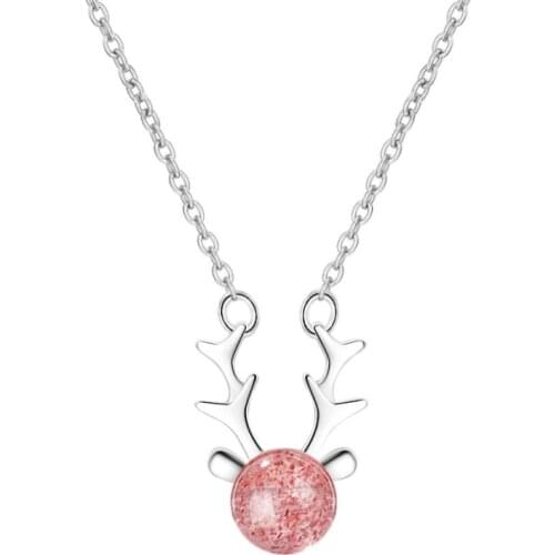 Antler Fresh Strawberry Crystal Cute Animal 925 Sterling Silver Clavicle Chain Literary Female Necklace SNE370