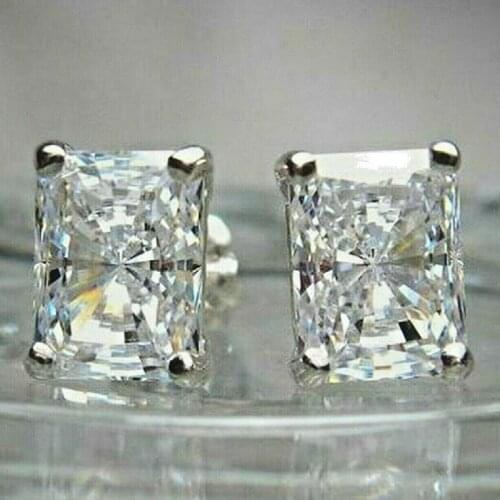 Huitan Rectangle Cubic Zirconia Stud Earrings Simple Stylish Design Elegant Women Earrings Silver Color Wedding Eternity Jewelry