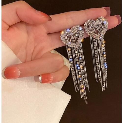 925 Sterling Silver Needle Dangle Drop Earrings for Women Jewelry Heart Rhinestone Statement Female Long Tasssel Earrings