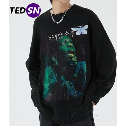 2020SS Hip Hop Streetwear Mens Knitted Sweater Autumn Harajuku Butterfly Boy Sweater Oversize Cotton Loose Pullover Men Clothing