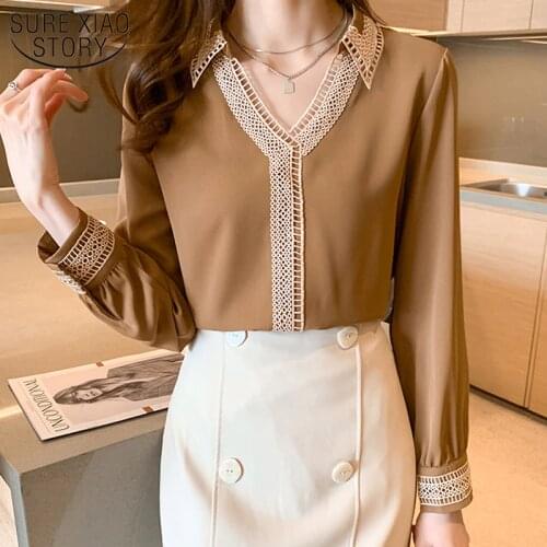 Plus Size Satin Silk Shirt Ladies Spring New V Neck Long Sleeve Solid Tops Chic Hollow Embroidery Splicing Blouse Women 13094