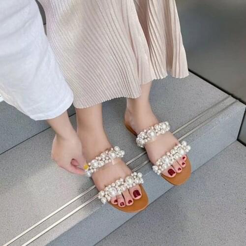 Women Flat Bohemian Transparent Flat Bottom Pearl Versatile Crystal Sandals New Women Sandals Soft Stitching Ladies Sandals#3