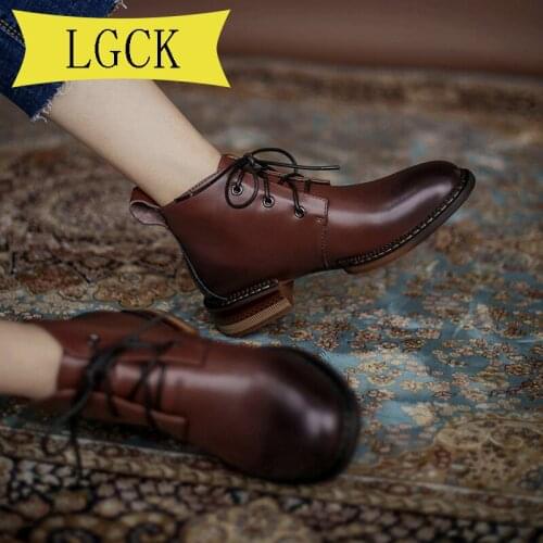 Plus Size 34-39 Women Shoes Spring Genuine Leather Female Martin Boots Women Booties British Lace Retro Trend Women Naked Boots