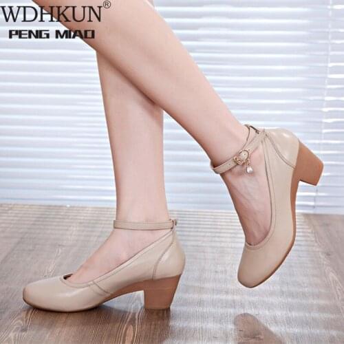 WDHKUN Plus Size 33-43 Womens Genuine Leather Shoes 2021 Spring Black Block Heels Pumps LADIES OL Work Footwear