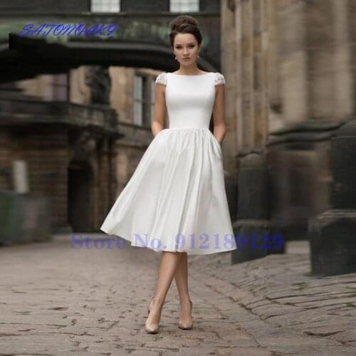 New Short Satin Wedding Dresses Cap Sleeve Backless A-Line Bride Gown Vestidos De Novia Sukienka Aliexpress France Robe Mariée