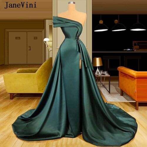 JaneVini Vintage Dark Green Muslim Long Evening Dresses A-Line One Shoulder 2020 Satin Sleeveless Beads Women Formal Dinner Gown