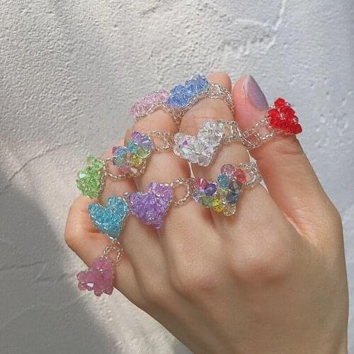 New Lovely Summer Korean Colorful Transparent Beads Love Flower Rings for Women Party Vacation Aesthetic Jewelry Gifts