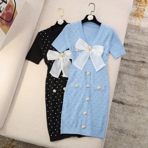 Summer Chic Korean Fashion Streetwear Mini Dress Robe Female Knitted Sheath Bodycon Pencil Dress Women Bow Slim Sweater Dresses
