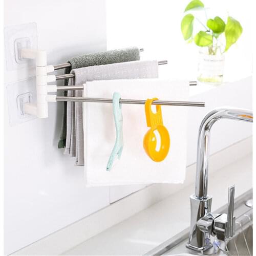 4 Rods Towel Bars Shower Bath Towel Racks Stainless Steel Rotating Towel Holders Kitchen Scouring Pad Rag Stand Storage Shelf