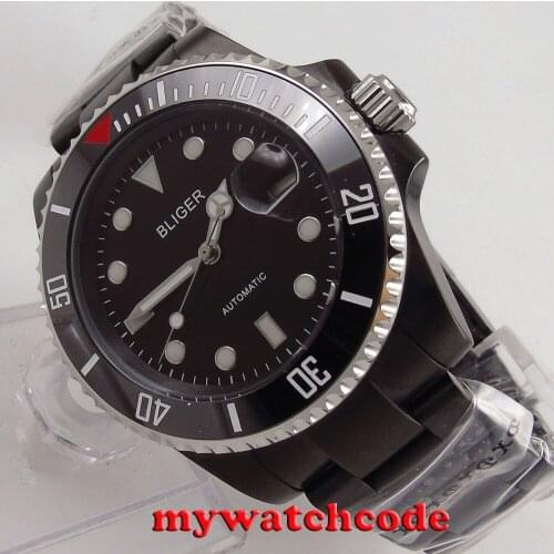40mm Bliger black dial PVD ceramic bezel sapphire glass automatic mens watch